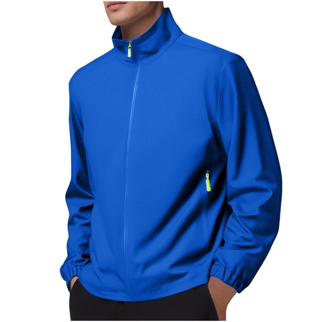 Men's Waterproof Jacket Turtleneck Solid Color Zipper Long Sleeves Jackets Outdoor Athletic Coat with Pockets Blue L