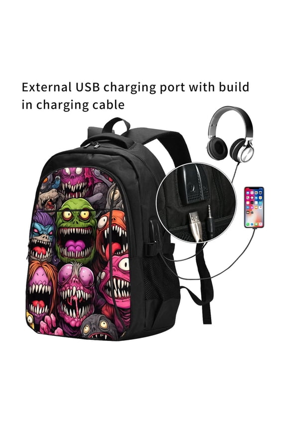 Monstrous Cartoon Characters Print Travel Laptop Backpack,Slim Sturdy Laptops Backpack with USB Charging Port, Water Resistant College School Computer Bag