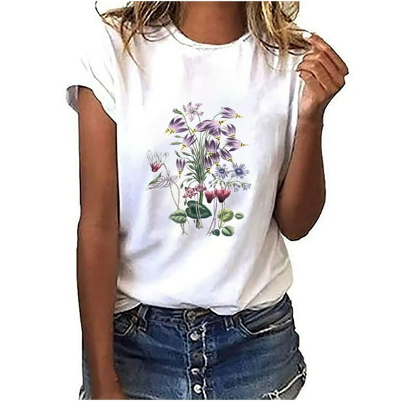 T Shirts for Women Fashion Womens Fashion Flowers Print Harajuku Female Round Neck Loose T-Shirt