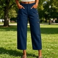 thumbnail image 5 of Women's Straight Leg Capri Pants Elastic Waist Cotton Blend Lounge Navy Loose Fit Cropped Pants with Pockets Size M, 5 of 6