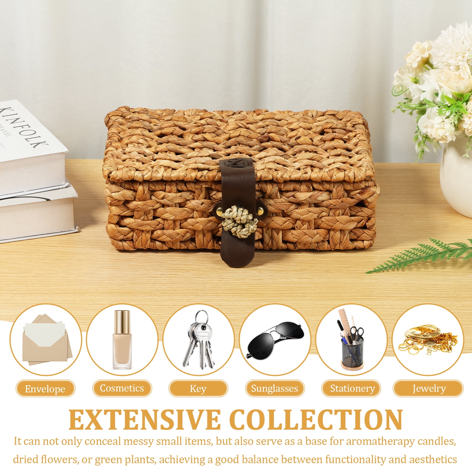 Ihvewuo Decorative Box with Lid Treated Gourd Grass Storage Basket Treated Gourd Grass Woven Decorative Box for Shelf Coffee Table Console Table Home Decor (Large or Small)