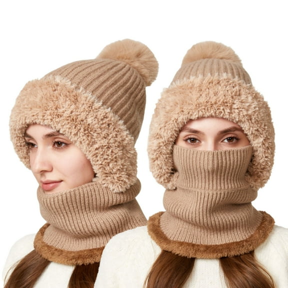 Bibifish Womens Scarf Hat One Piece Rib Knit Pattern Winter Warm Fleece Lined Scarf Hat Thermal Knitted One Piece Hat And Neck Warmer