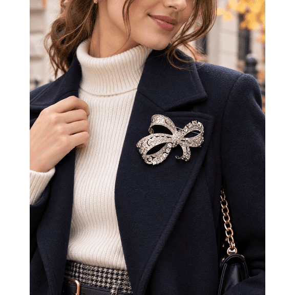 Silver-Tone Bow Brooch for Women, Rhinestone Ribbon Pin for Coats, Scarves and Dresses