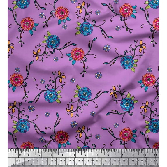 Soimoi Silk Fabric Leaves & Camellias Floral Print Fabric by the Yard 42 Inch Wide