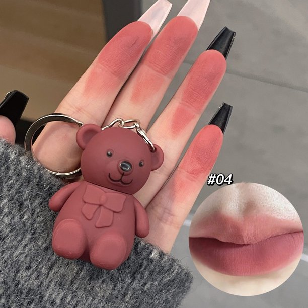 Lindo llavero de oso de terciopelo mate, brillo de labios, espejo, lápiz labial marrón, impermeable, taza antiadherente de larga duración, barro de labios, cosmético coreano