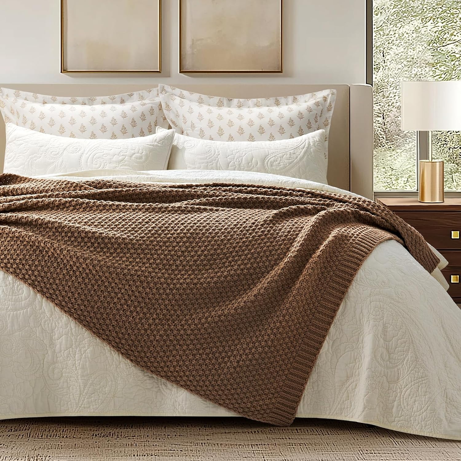 EVERGRACE Chunky Chenille Knit Throw Blanket for Couch, Soft Luxurious Moss Stitch Blankets for Bed, Cozy Decorative Farmhouse Knitted Throws for Sofa, Camel Brown, 60" x 80"