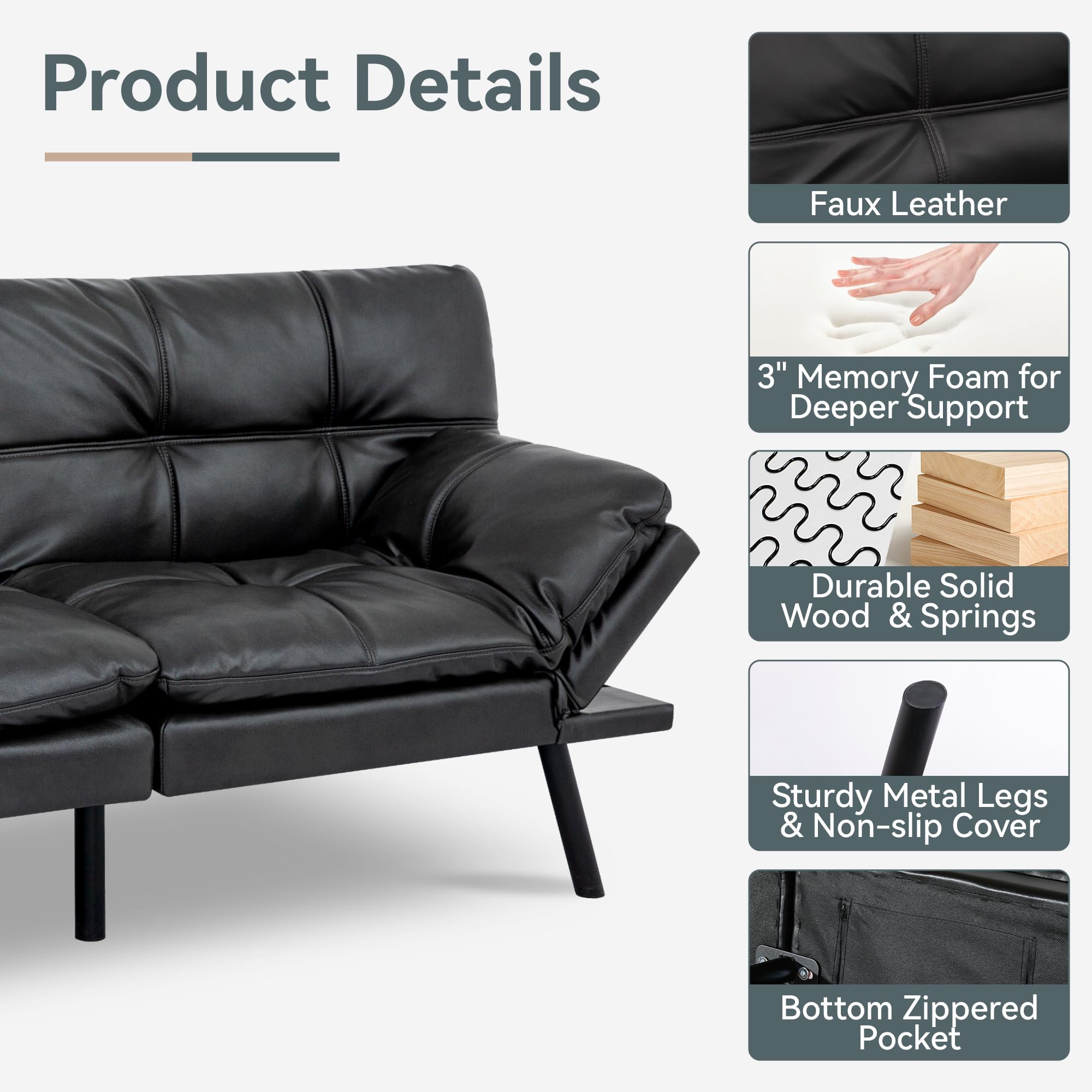71" Sofa Bed Convertible Couch, Black Faux Leather Sofa Bed with Memory Foam, Adjustable Backrest & Armrests, Multifunctional Small Loveseat Sleeper Sofa for Living Room, Apartment, Office