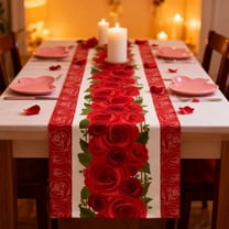 Valentine's Day Heart Table Runner - Red Rose Print Tablecloth for Restaurant, Romantic Valentine's Table Flag and Dining Table Decoration