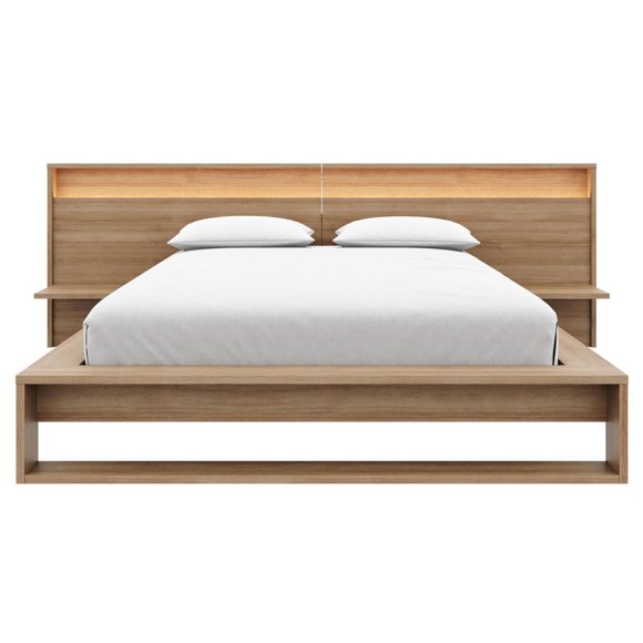 Lido Queen Size Bedroom Set with Slatted Bedframe, Wide Headboard with Lights and Shelves