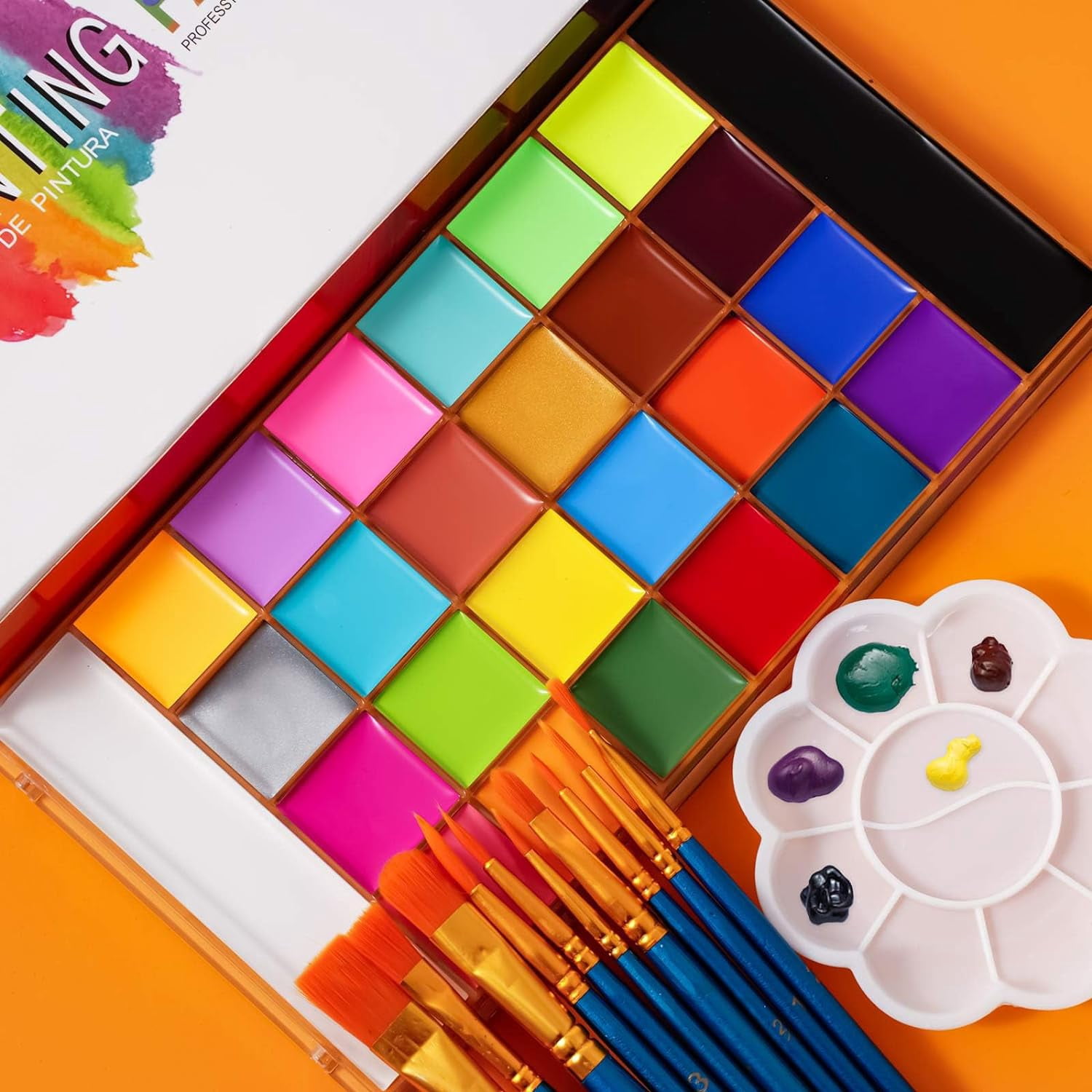 Wiher 20 Colors Face Body Paint Set-Athena Painting Palette,10 Professional Artist Brush,Large Deep Pan Ideal for Halloween Cosplay Party SFX Arty Stage Makeup
