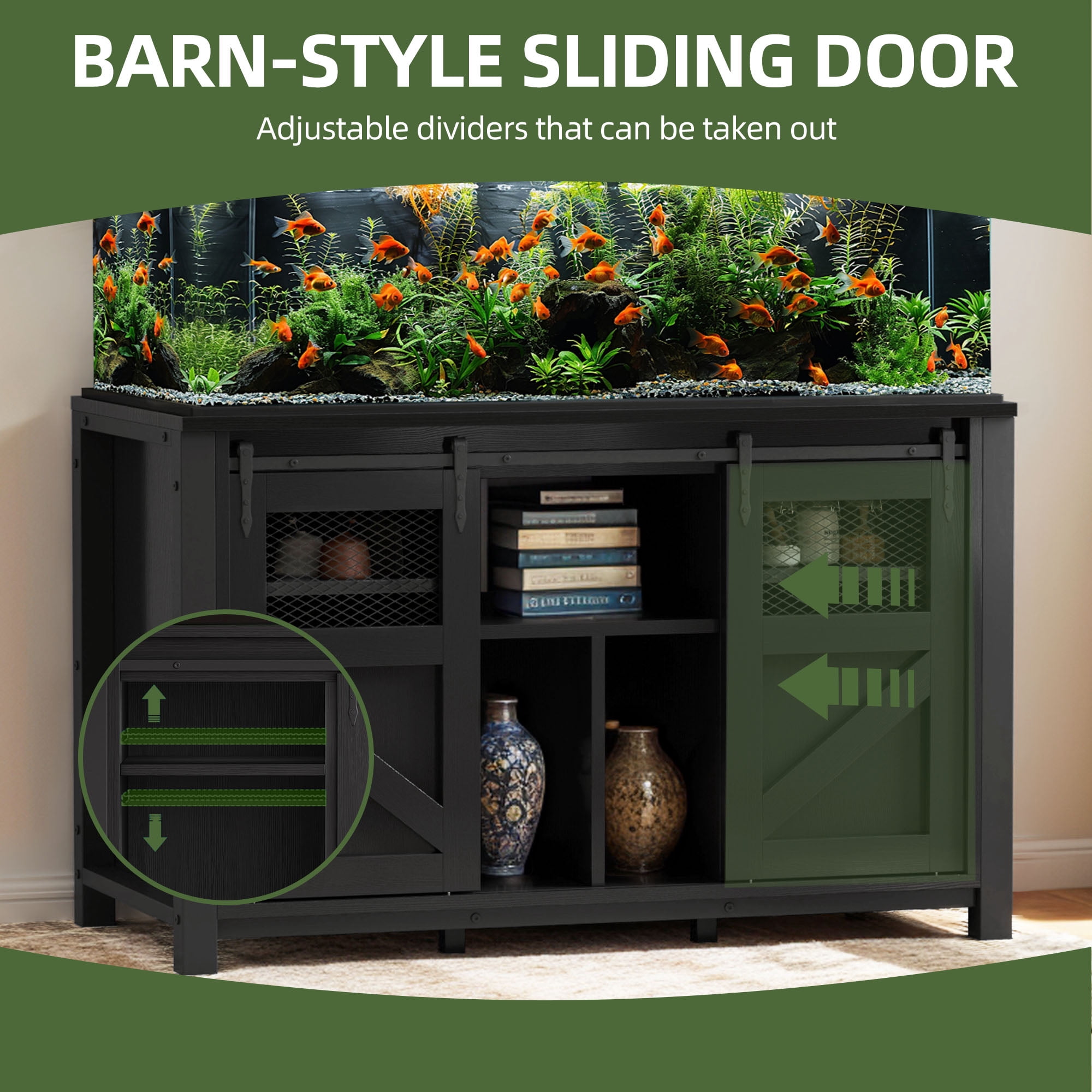 Uforic 120 Gal Fish Tank Stand with Storage, 1100 Lbs Capacity, Power Outlets, Barn Door, Black