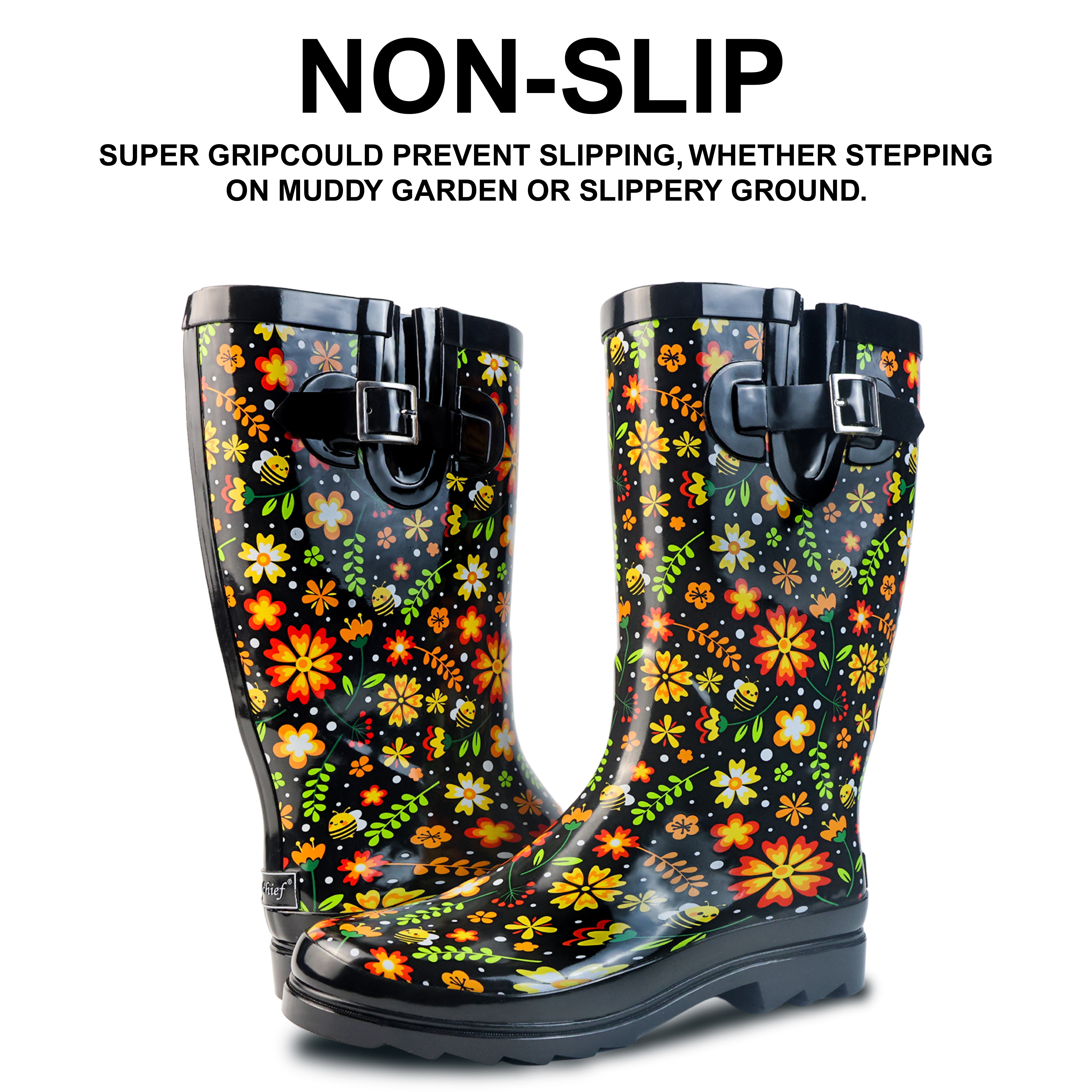Landchief Women's Tall Waterproof Rubber Rain Boots for Garden, Size 11,Black Floral