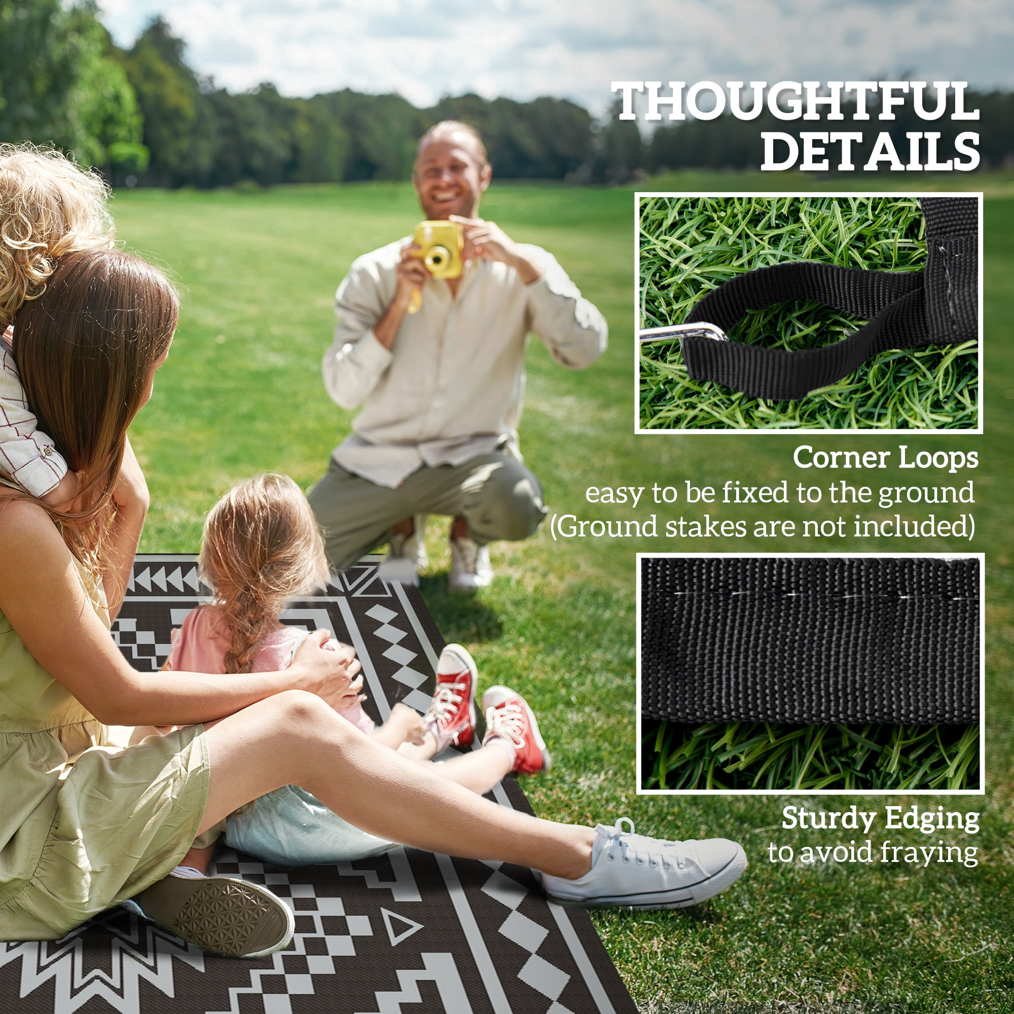 Outsunny Outdoor Patio Rug, Large Camping Carpet with Carrying Bag, 9' x 18' Waterproof Plastic Straw, Reversible, Black & Gray Square Patchwork