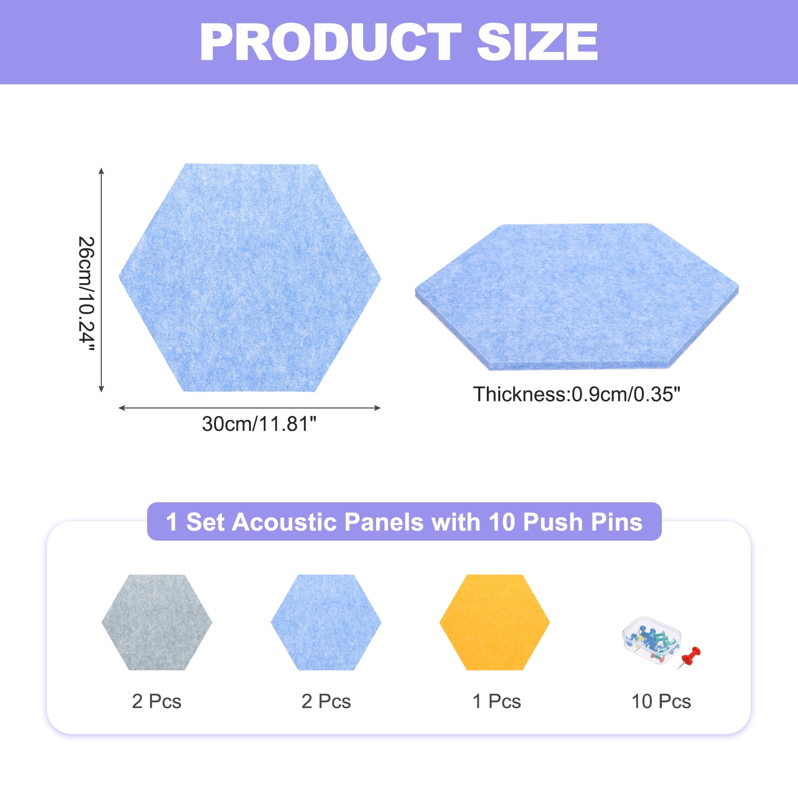 Uxcell 5 Pcs B1 Hexagon Acoustic Panels with Push Pins 11.81'' x 10.24'' Bright Gray Orange Light Blue