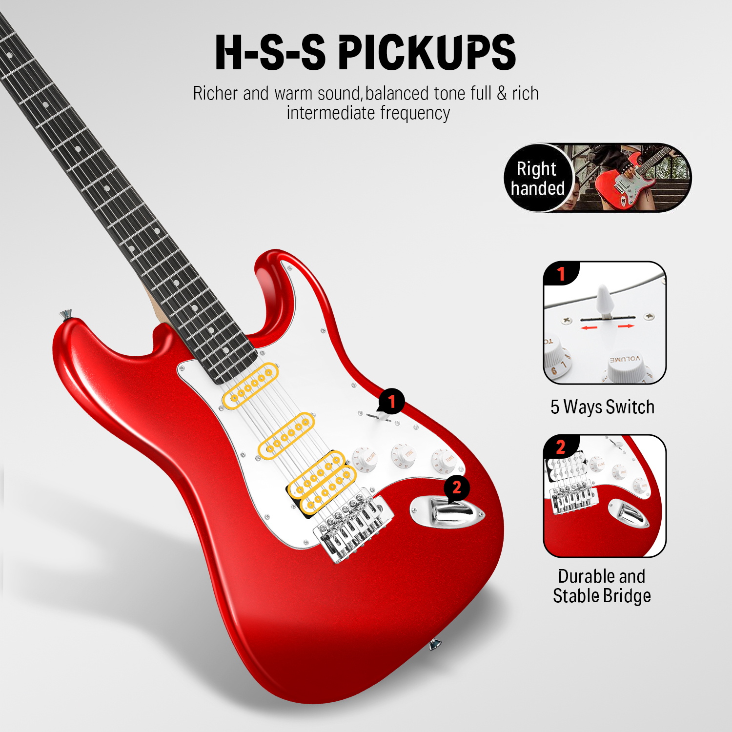 Donner 39" Electric Guitar Beginner Kit Solid Body Full Size Red HSS Pick Up for Starter, with Amplifier, Bag, Digital Tuner, Capo, Strap, String,Cable, Picks DST-102R - image 3 of 13