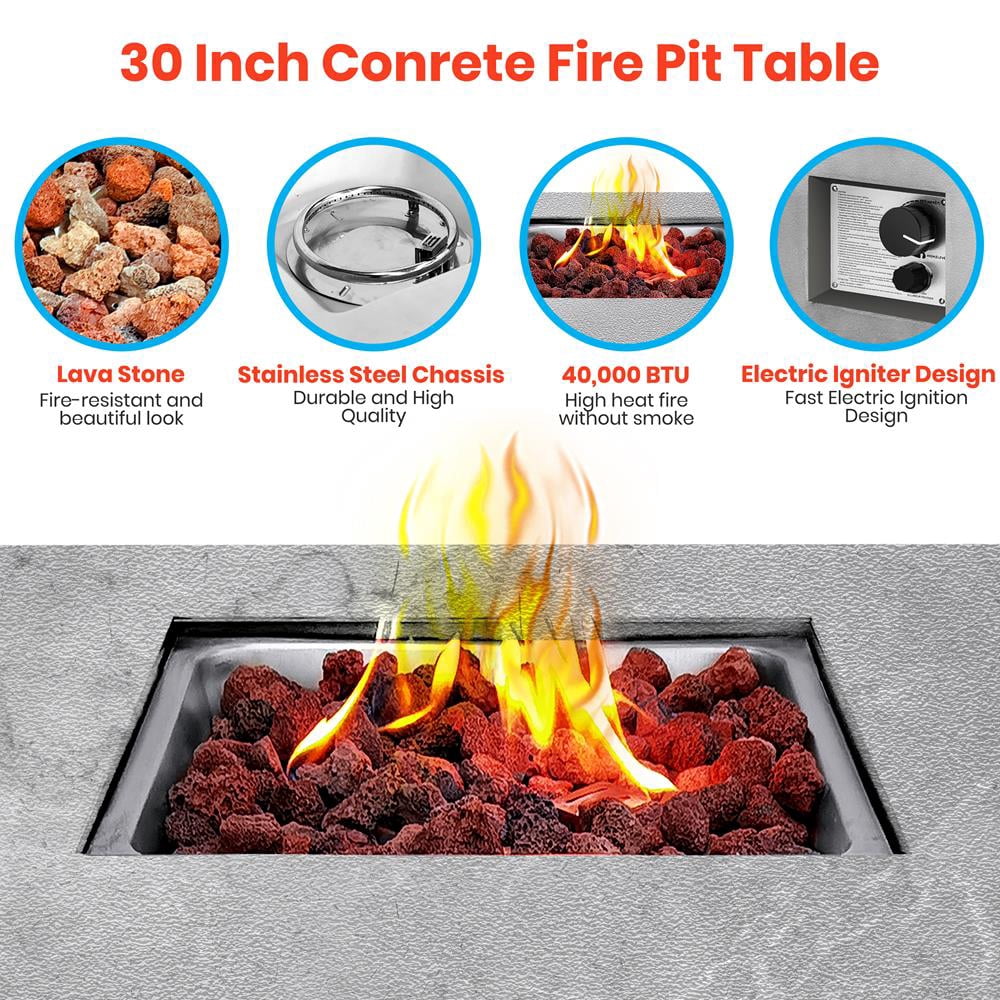 SereneLife Propane Gas Fire Pit Table - 40,000 BTU Square Outdoor Firepit with Cover, Lava Rock, and Adjustable Flame Height