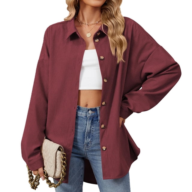 RXIRUCGD Mode Femme Couleur Unie Manches Longues Col à Revers, Vin, Taille : m