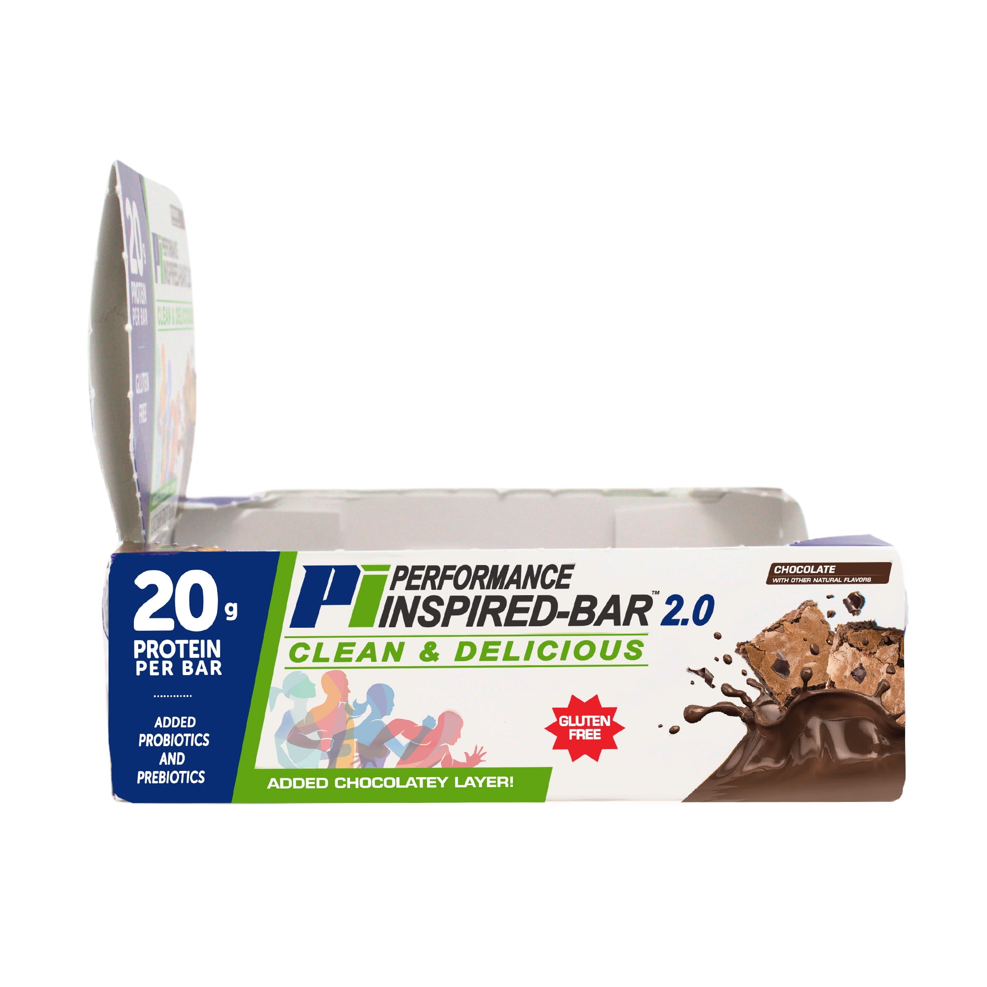 Performance Inspired Nutrition - Protein Bar 2.0 – 20G Protein - 6G Fiber - 4G MCTs - 1 Billion CFU Probiotics – 1G Prebiotics - G Free – 70G Bar - Chocolate - 12 Ct. Box