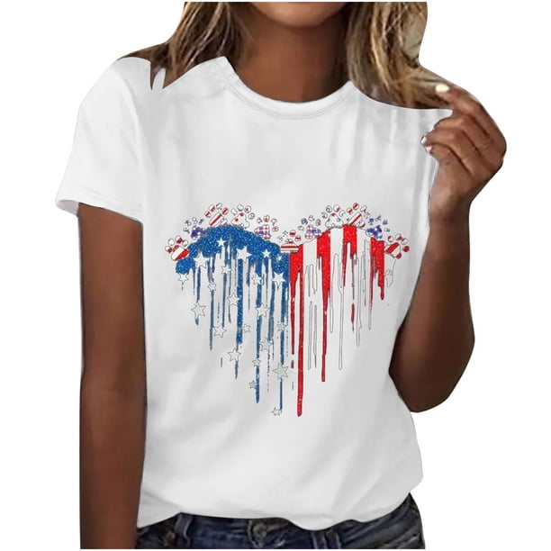 Camisetas de Manga Corta para las Mujeres, Blusa de Manga Corta de la Moda Del Día de la Independencia Hecha de Poliéster Cómodo para la Primavera Verano, Blusas de Manga Corta para las Mujeres