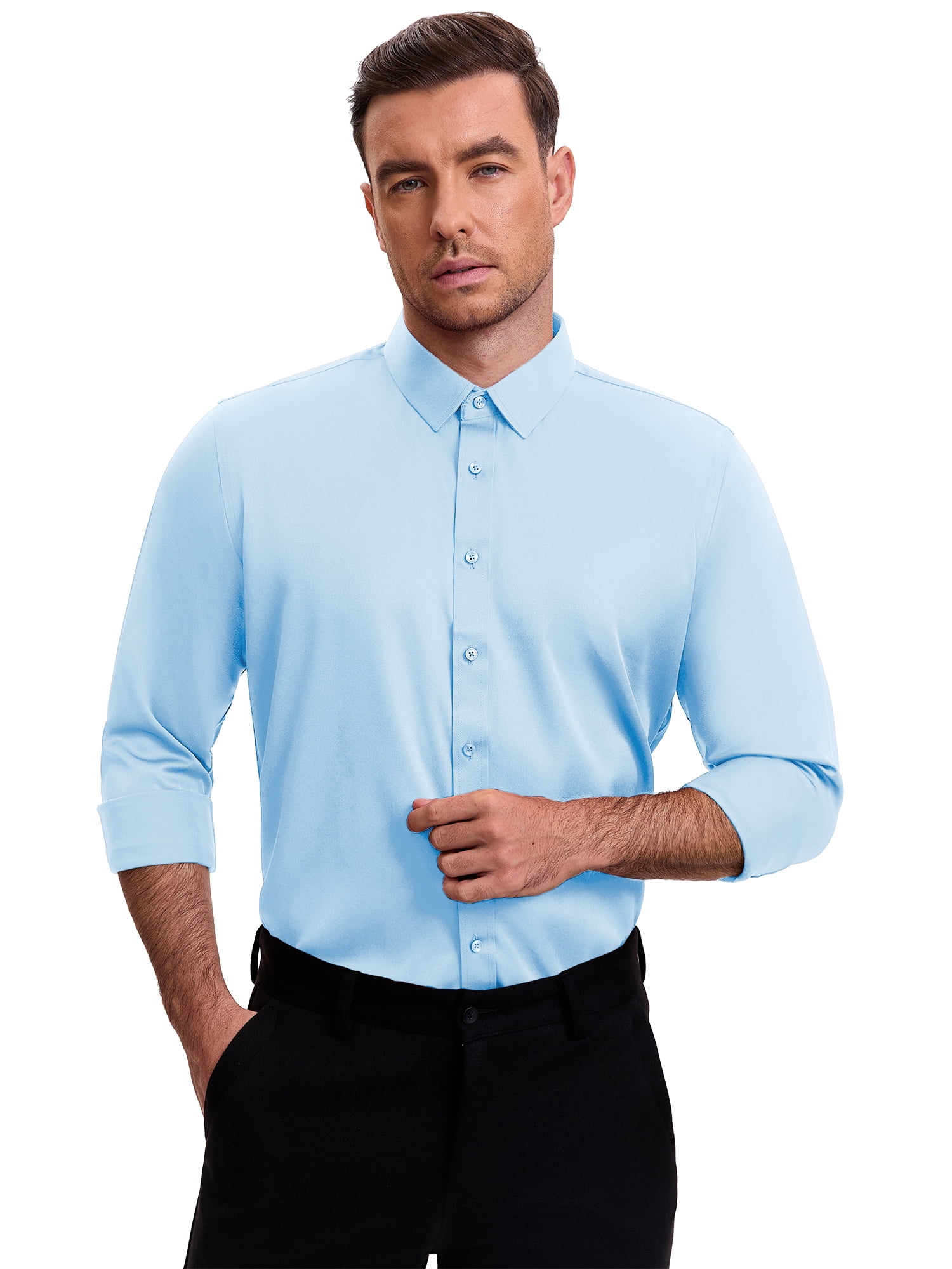 DARING DIVA Men's Point Collar Long Sleeve Button Down Formal Shirts S Light Blue