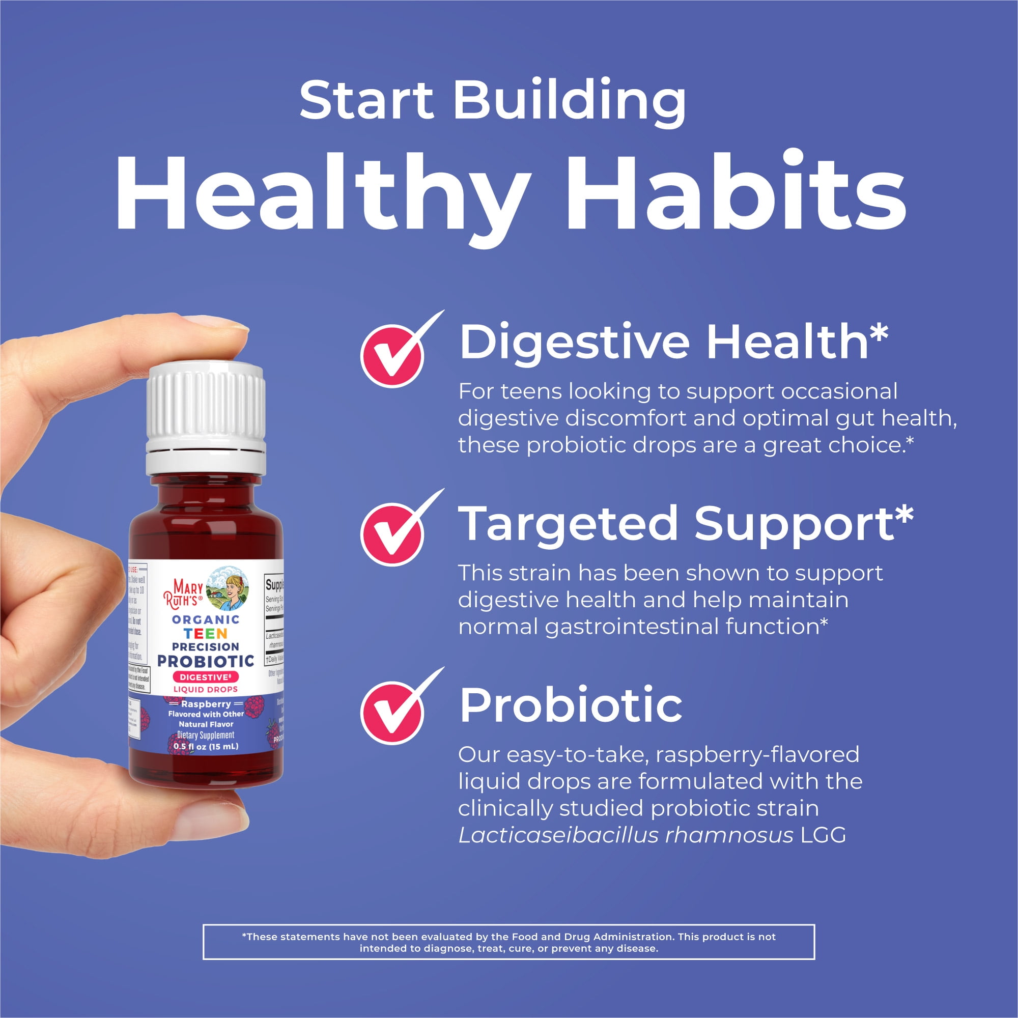 MaryRuth's Precision Probiotic Digestion Drops for Teens, Ages 14+, Raspberry, Organic, Vegan, Gluten-Free, Unisex, 0.5 fl oz