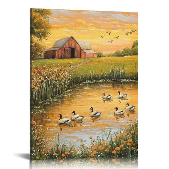 Patifu Ducks Pond Barn Wall Decor Canvas Art for Living Room Bedroom 12x16 in