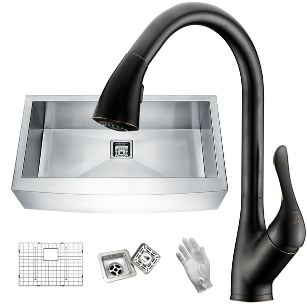 Elysian 36 Farmhouse Single Bowl Kitchen Sink With Faucet In Oil Rubbed Bronze Com Faucet In Oil Rubbed Bronze, Bronze Farmhouse Kitchen Sink