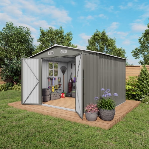 10x8 FT Outdoor Metal Storage Shed with Lockable Double Doors, Clear Window & Air Vent, Large Garden Tool Shed for Lawn Mowers, Bikes, Patio Furniture, Trash Bins, Backyard, Gray