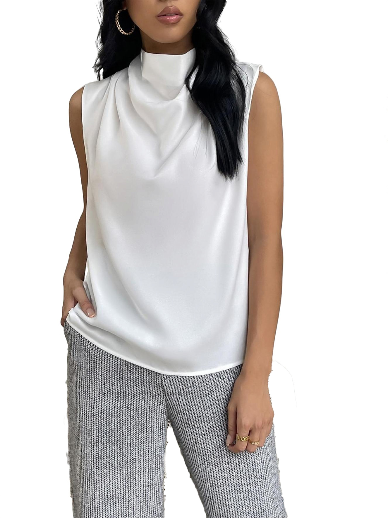 Elegant Funnel Neck Blouse Sleeveless White Women's Blouses (Women's)