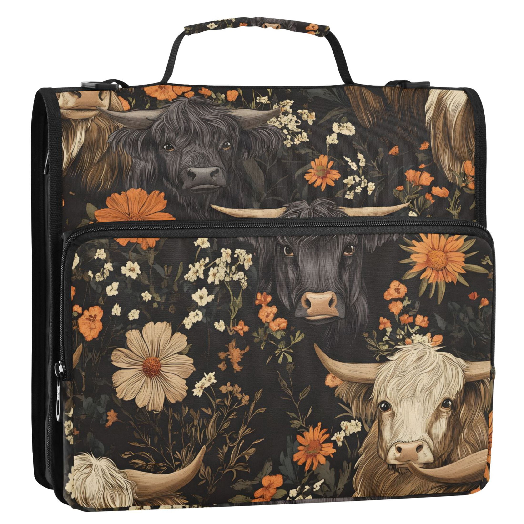 ALAZA Zipper Binder Highland Cows Flower 3 Ring Trapper Keeper File Folder Organizer Bag