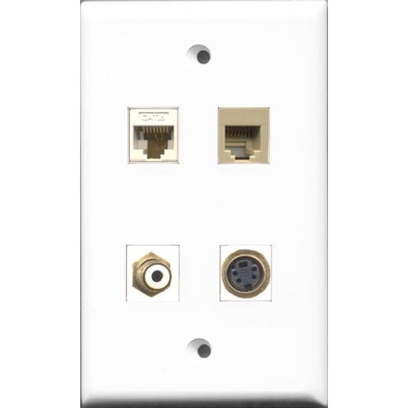 RiteAV 1 Port RCA White and 1 Port Phone RJ11 RJ12 Beige and 1 Port S-Video and 1 Port Cat6 Ethernet White Wall Plate