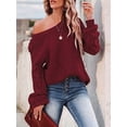 thumbnail image 6 of Women Fall Sweaters Crochet Long Sleeve Off the Shoulder Clothes Cute Crewneck Knit Pullover Tops Wine Red XL, 6 of 8