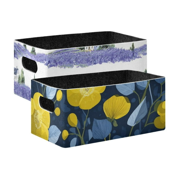 2 Pack Living Room Bed Room Felt Storage Baskets Boxes Foldable Organizer With Handles Farmhouses in Provence cute Yellow Flowers