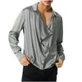thumbnail image 2 of Silk Satin Shirts for Men Long Sleeve Button-Down Tshirts Shirt Mens Trendy Cowl Neck Solid Color Lightweight Dance Party Performance Tees Tops, 2 of 8