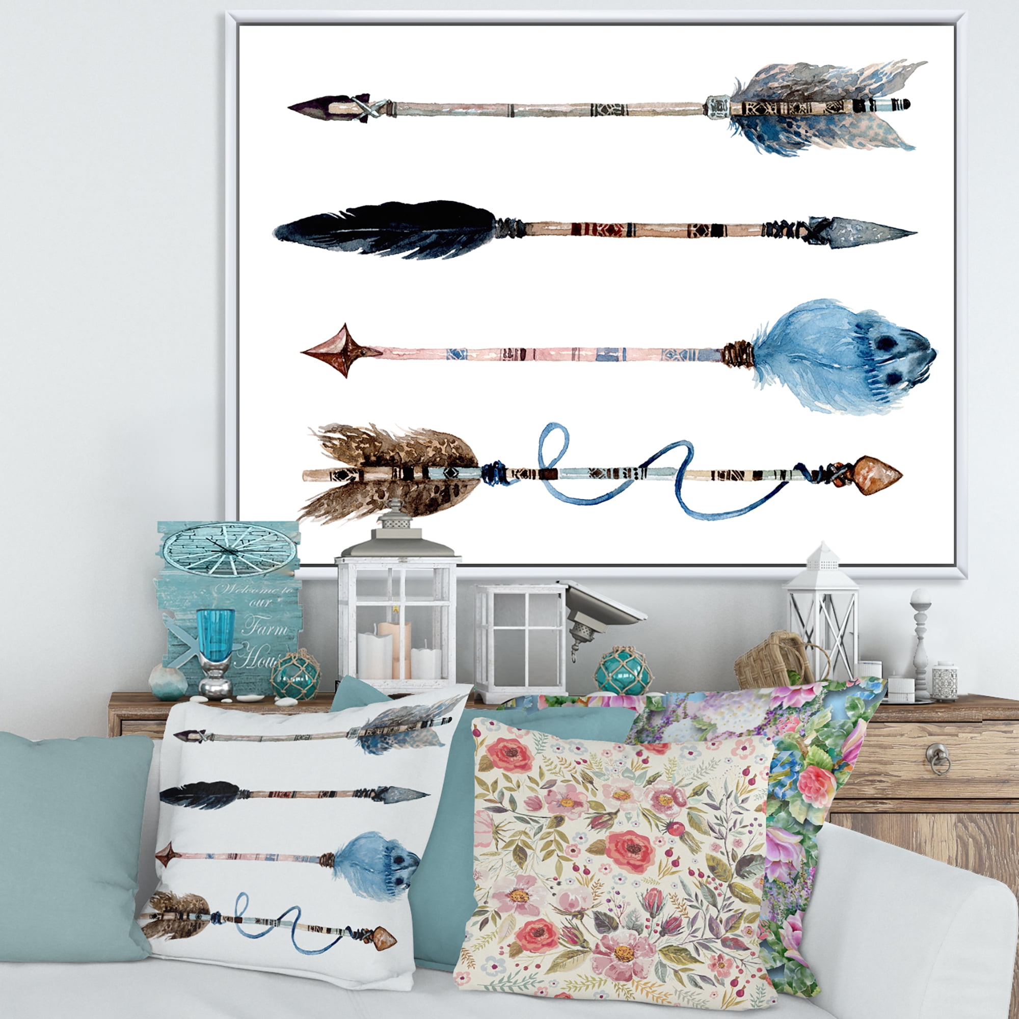 Designart 'Flowers and Ethnic Feathers On Native Arrows IV' Bohemian & Eclectic Framed Canvas Wall Art Print