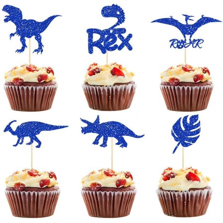 12pcs Dinosaur Cupcake Toppers - 2 Rex Blue Glitter Cupcake Picks - Cute Baby Shower Dinosaur Cake Toppers for Two Years Old Boy - Party Decoration Supplies