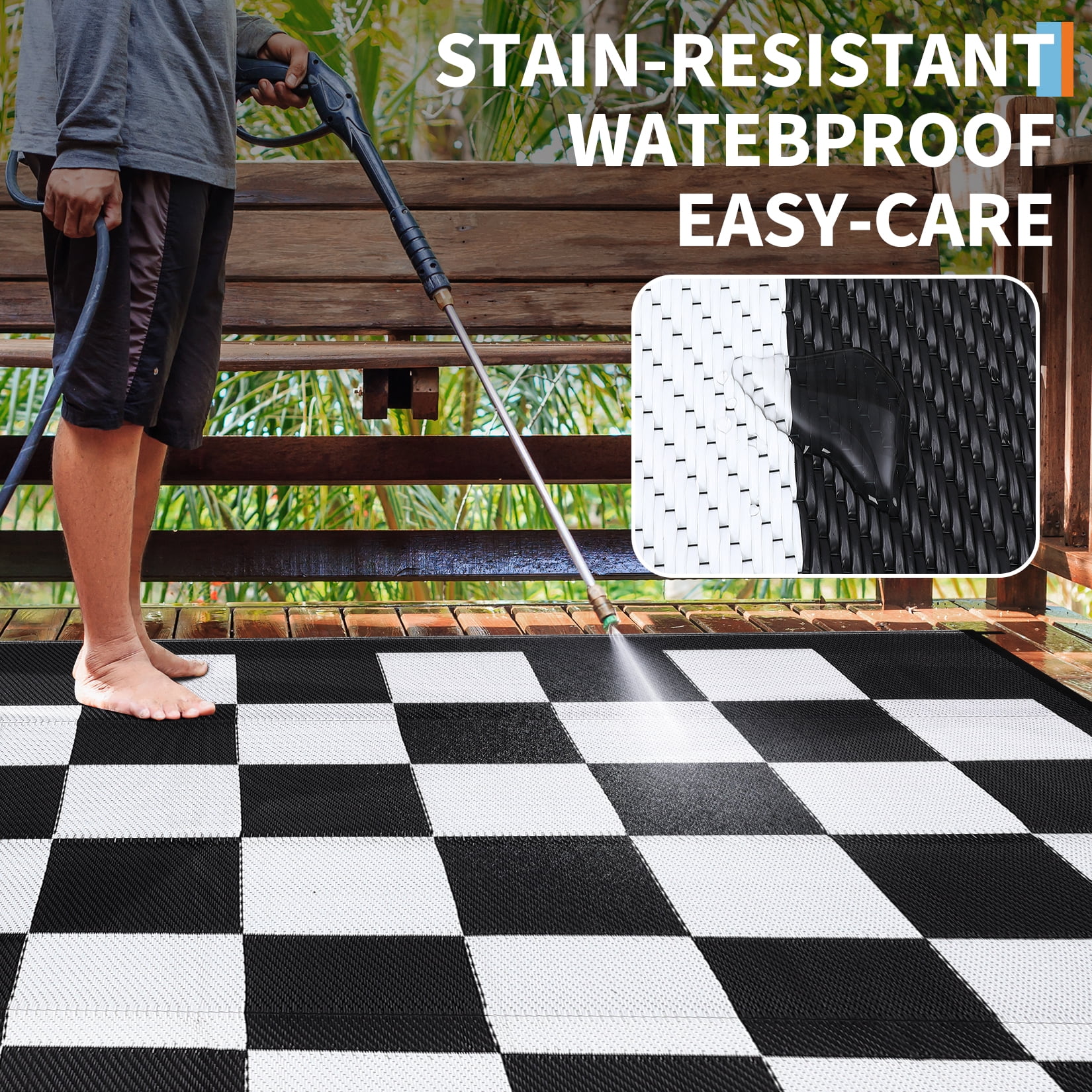Waterproof Outdoor Checkerboard Rug - All-Weather Plastic Straw Mat for Patio & Deck, 9*12ft