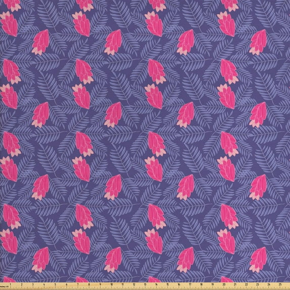 Tropical Fabric by the Yard, Exotic Flowers and Royal Fern Leaves Paradise Foliage Holiday Thematic, Decorative Upholstery Fabric for Sofas and Home Accents, Hot Pink and Purple by Ambesonne