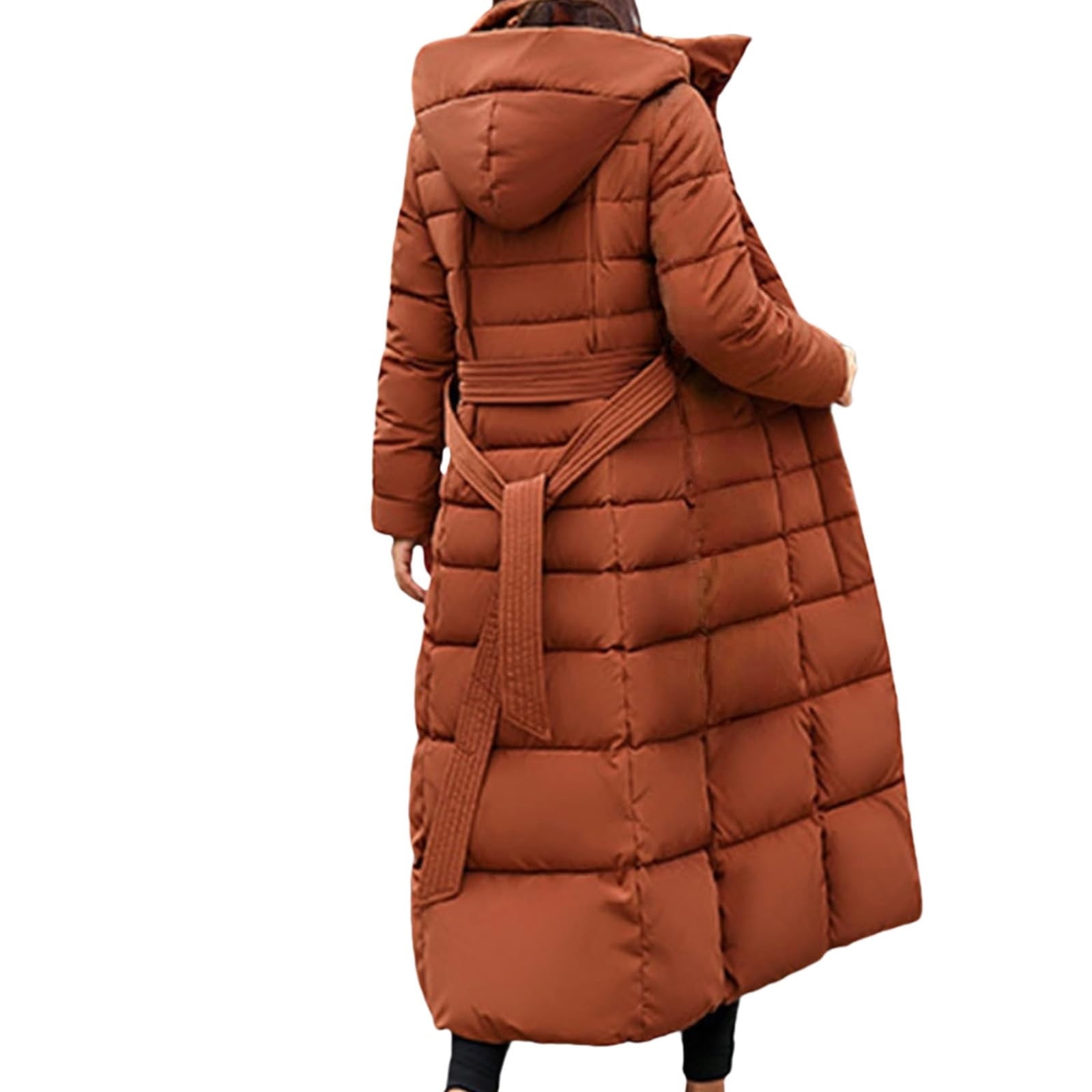 XPMWRP Women's Quilted Hooded Puffer Jacket Long Sleeve Solid Color Long Coat Winter Warm Thick Zipper Jacket with Pockets Brown XL
