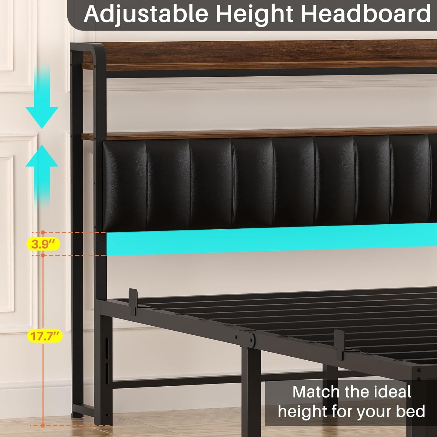 Homieasy Full Size Bed Frame with Charging Station, Adjustable Upholstered Faux Leather Headboard, Industrial Platform Bed with LED Lights, Steel Slat Support, No Box Spring Needed, Rustic Brown