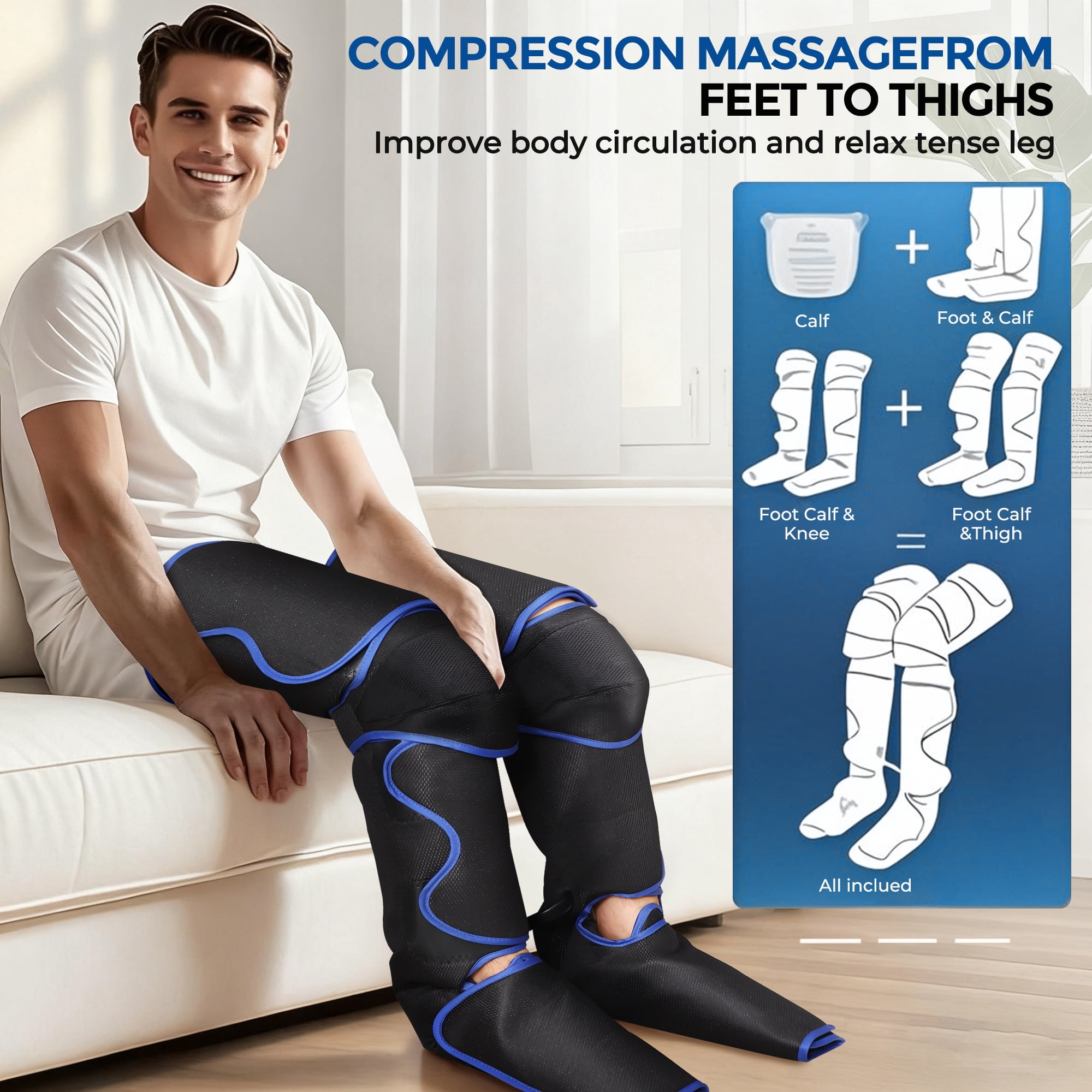 Leg Massager with Air Compression & Heat for Foot Calf Thigh, Upgrade Full Leg Wraps for Circulation, with 3 Modes 3 Intensities 2 Heat Levels for Muscle Fatigue, Compression Boots Machine