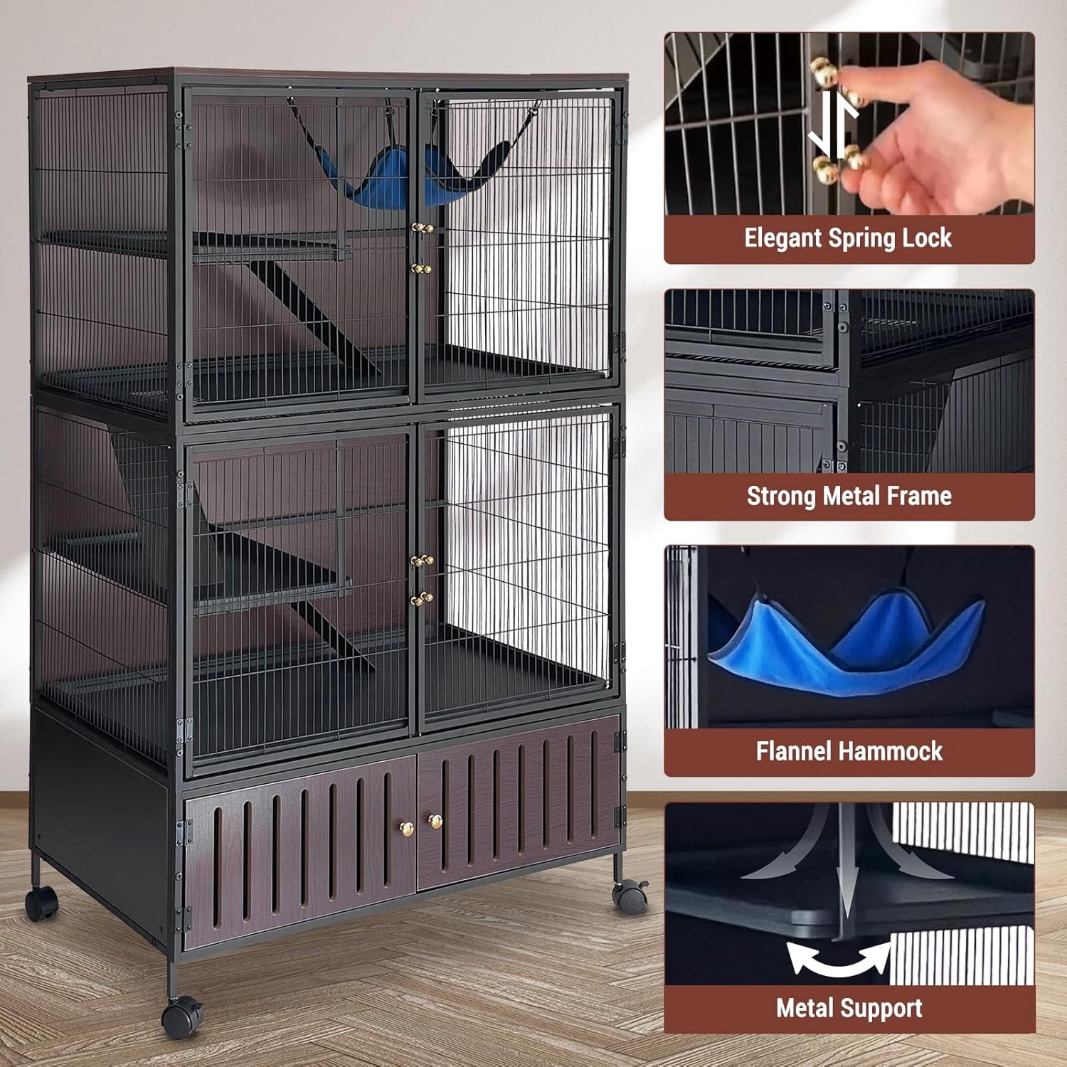 Metal Ferret Cage 36.5"x23"x60" 3-Level Rolling Chinchilla Cage, Small Animal Mansion with Hammock, Lockable Storage & Ramps, Multi-Species Habitat for Ferret, Chinchilla, Guinea Pig, Pet Rat