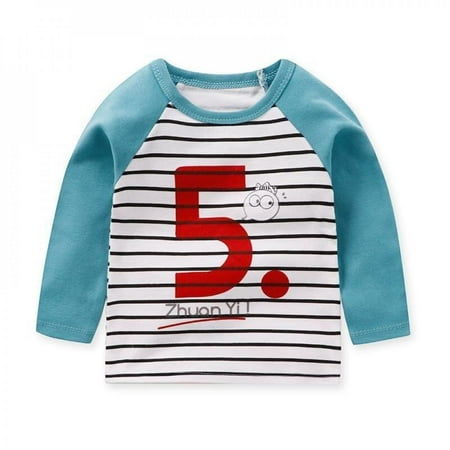 

Autumn Baby Bottoming Shirt for Boys Girls Cartoon Print Stitching Sleeves Round Neck Long-sleeved T-shirt Stripes tops