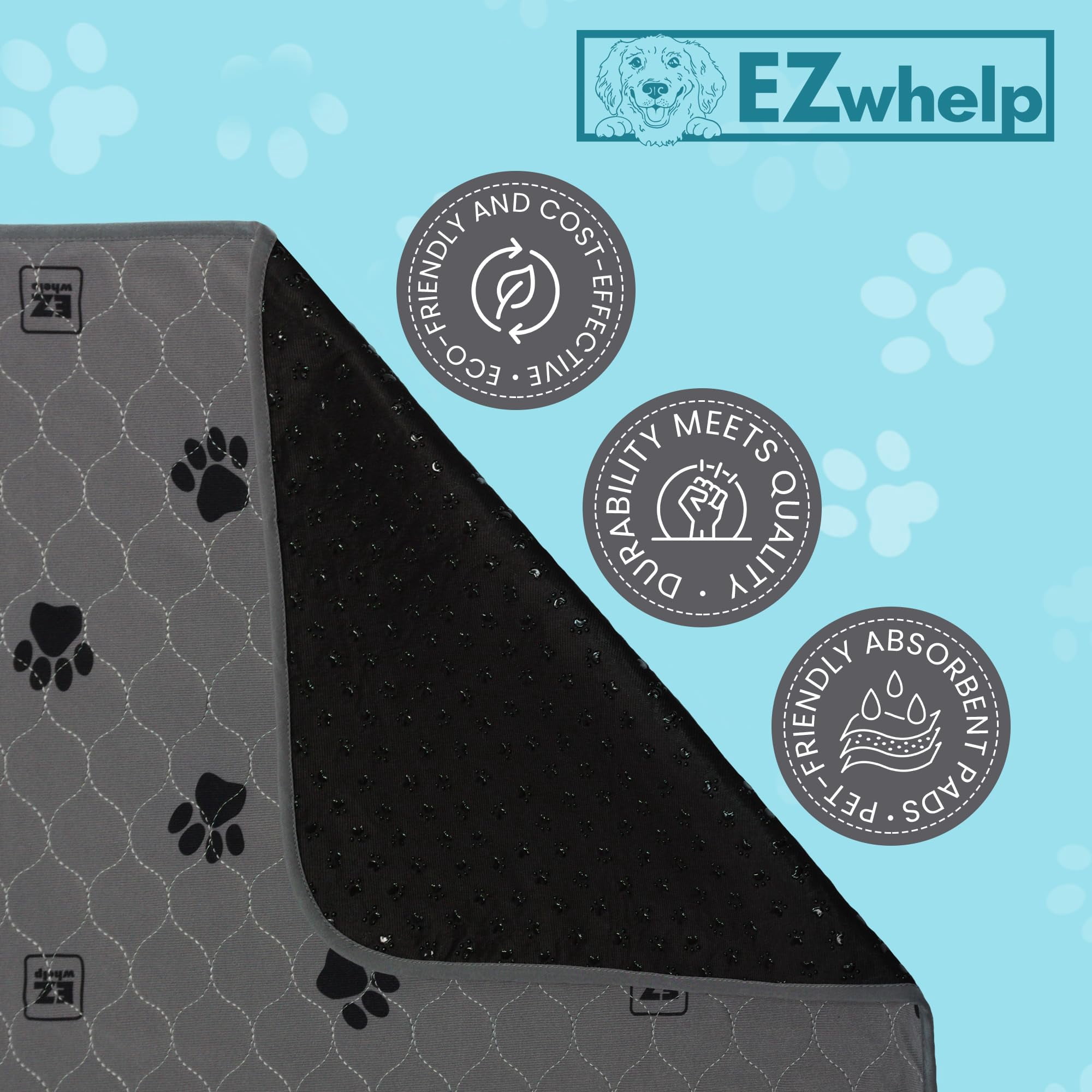 EZwhelp Premium Reusable Quick Dry Dog Pee Pads, 48x48 Inch 2 Pack – Waterproof, Washable, Non-Slip Training Pads for Large Dogs & Cats, Fast Absorbent, Durable Reusable Potty Mats