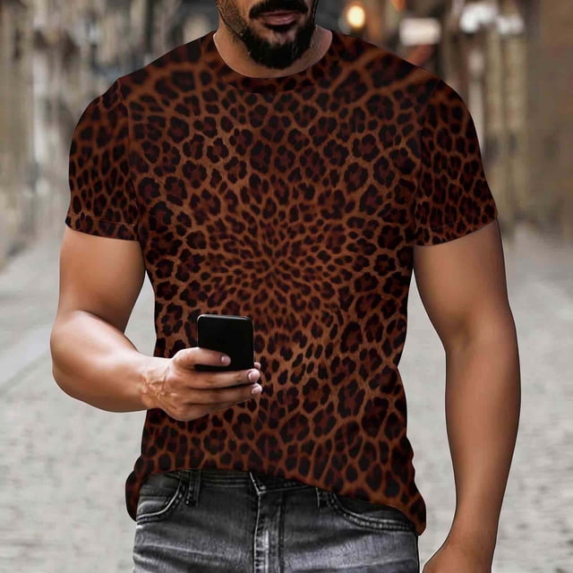 Ceisia Men's Slim Fit Dark Brown Gradient Leopard Print Round Neck Short Sleeve Casual T-Shirt (S-XXXL) Gifts