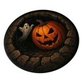 thumbnail image 2 of Spooky Gothic Halloween Round Area Rug with Stone Cave Pumpkin and Ghost Print, 31.49In Low Pile Crystal Velvet Non Slip Floor Mat, Versatile Indoor Decor for Bedroom Entryway Halloween Party, 2 of 5