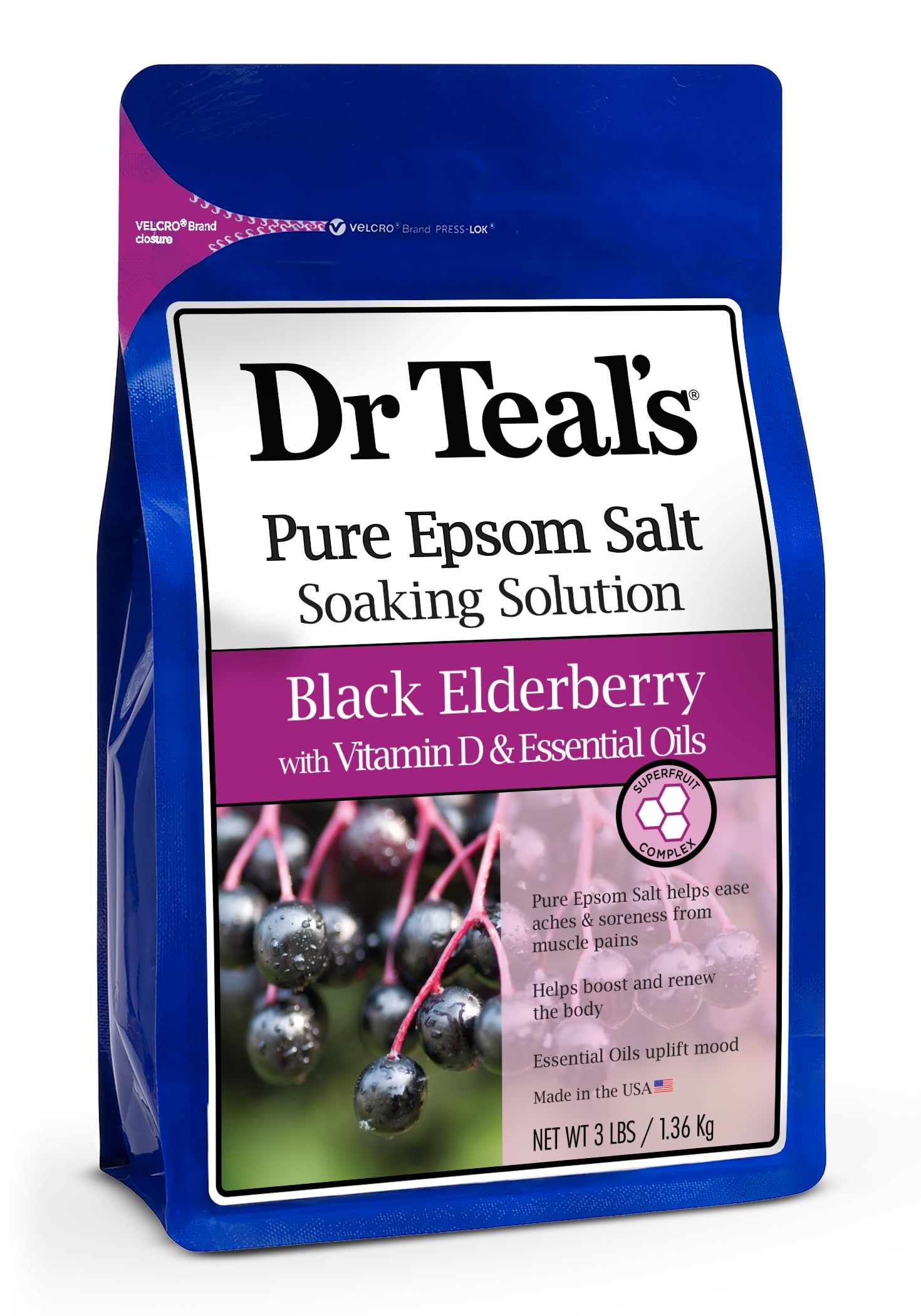 Dr Teal's Pure Epsom Salt Soak, Black Elderberry with Vitamin D, 3 lbs