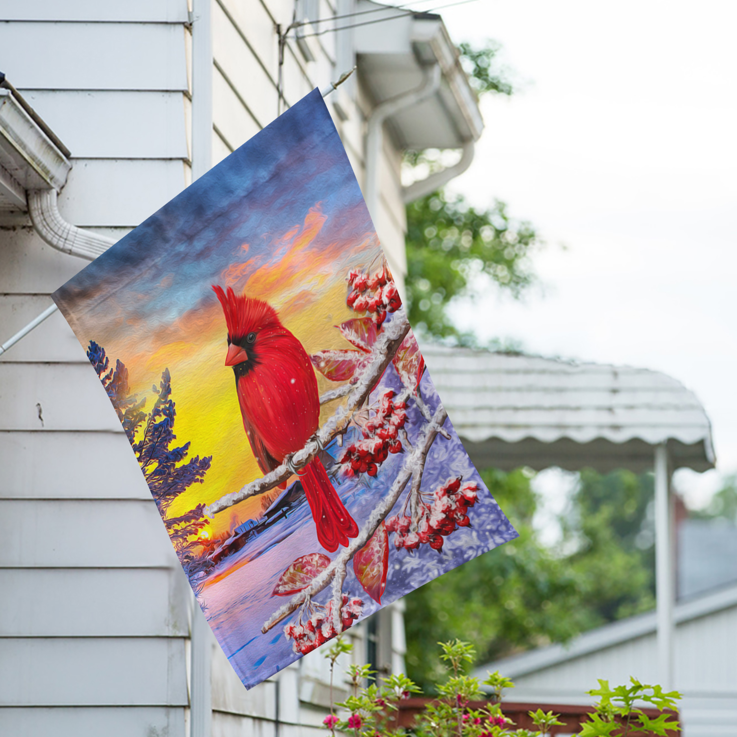 America Forever Winter Cardinal House Flag Double Sided Vertical Decorative 28 x 40 inches for Outdoor, Yard, Porch Welcome Winter Happy Holidays Snowflake Good Morning Sunshine House Flag