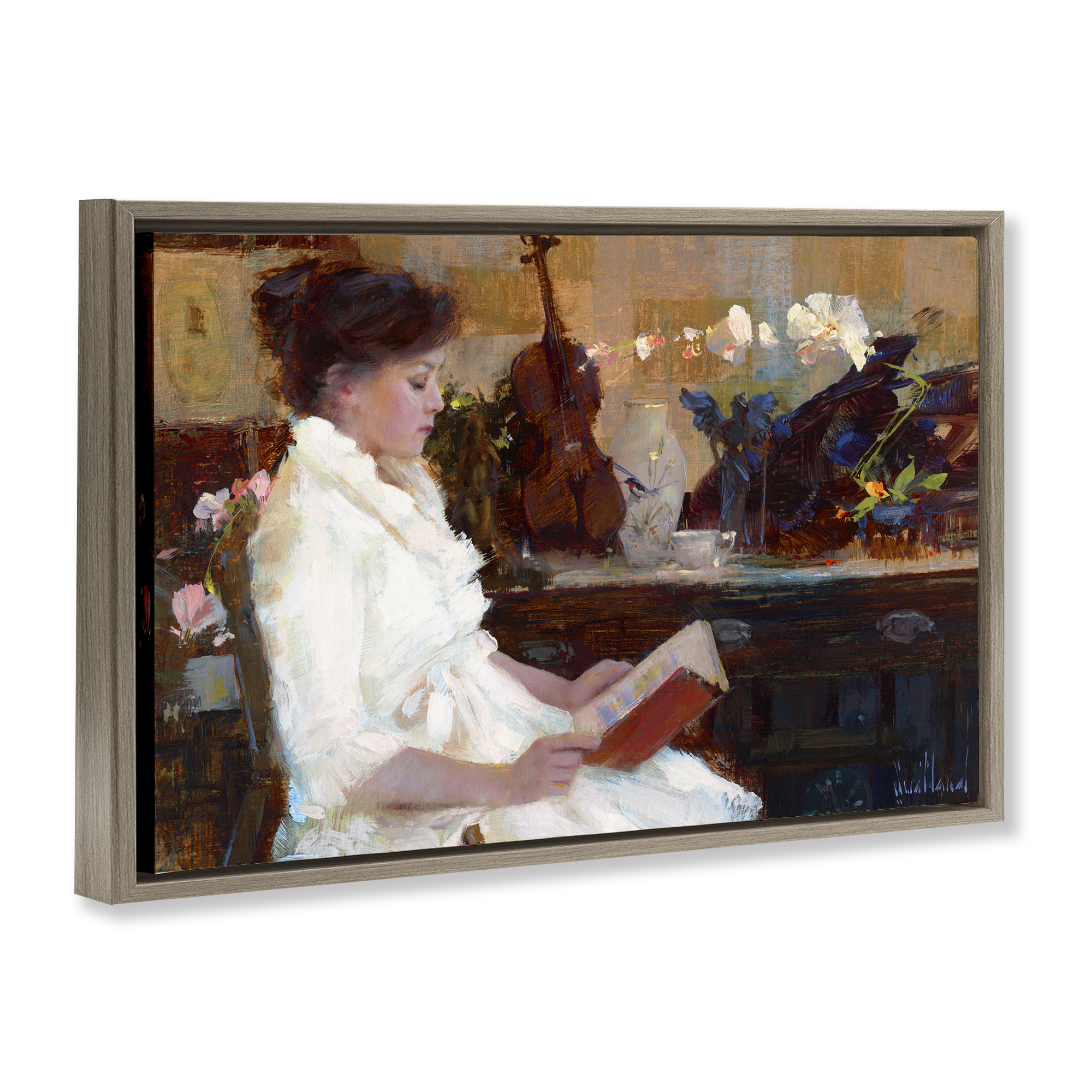 Stupell Industries Classic Girl Reading Novelty Painting Brown Floater Framed Art Print Wall Art, 25 x 17