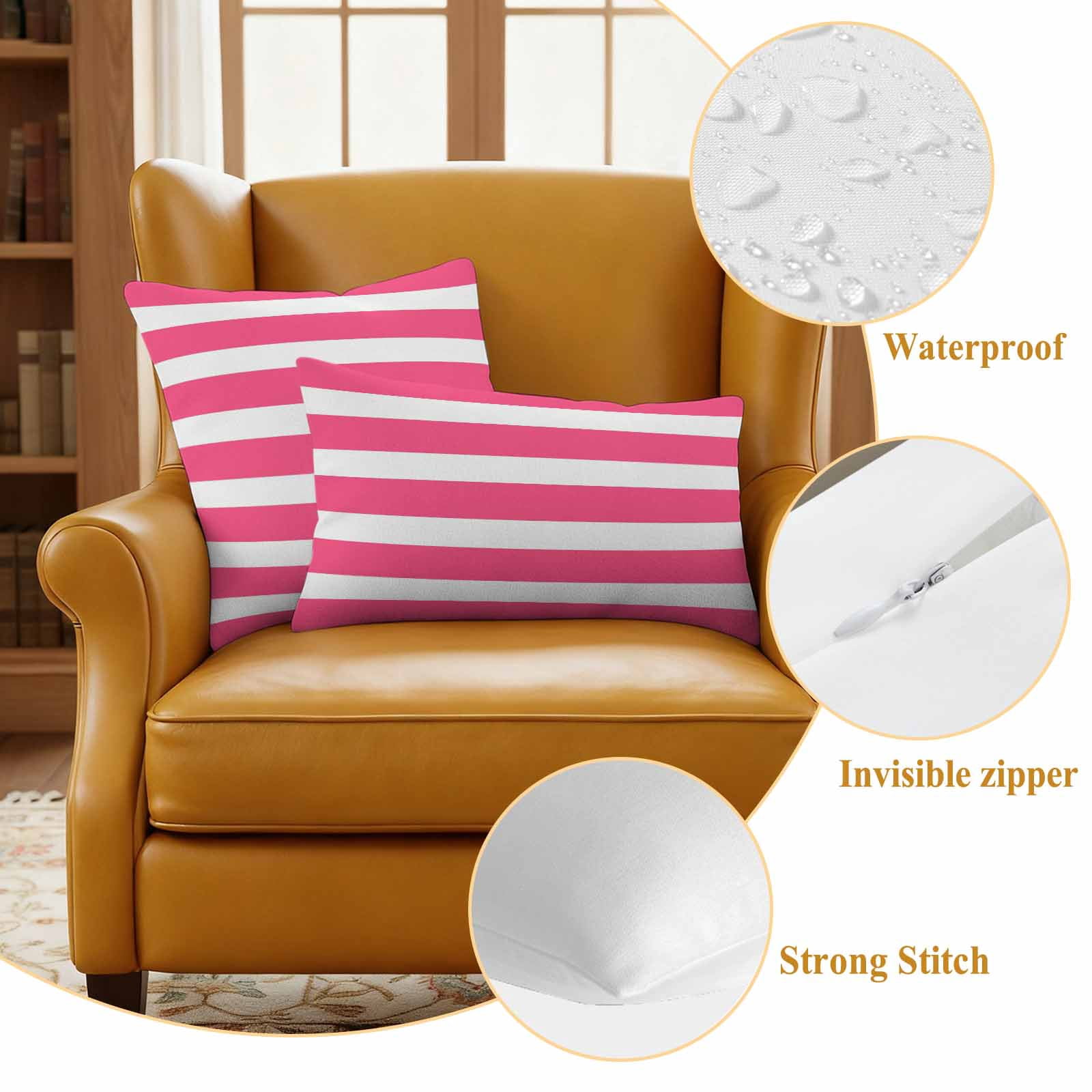 Pink Striped Outdoor Waterproof Pillow Covers, Modern Simple Monochrome Geometric White Decorative Rectangle Throw Pillowcase Sofa Cushion Sham for Patio/Couch/Chair, 20"x12" 2 Pack